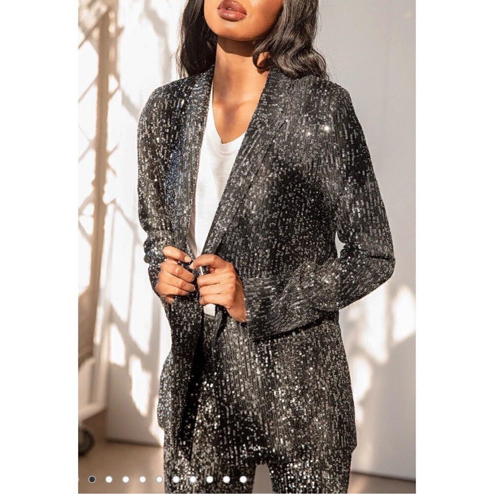 Lulus You've Got the Sparkle Blazer Sz XS Sequin Button Front Lined Black 3082-3